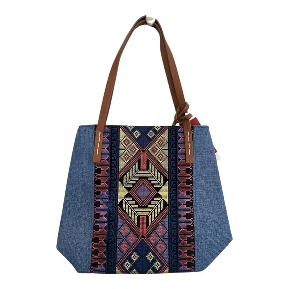 NWT Boho Embroidered Tote Bag with Matching Pouch – Blue, Multicolor