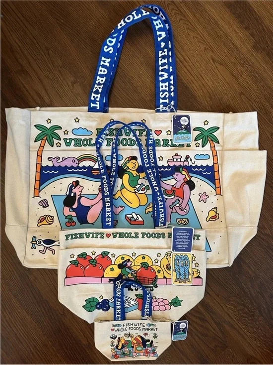 Fishwife x Whole Foods Market Complete 3-Piece Tote Set Large Medium Micro NWT