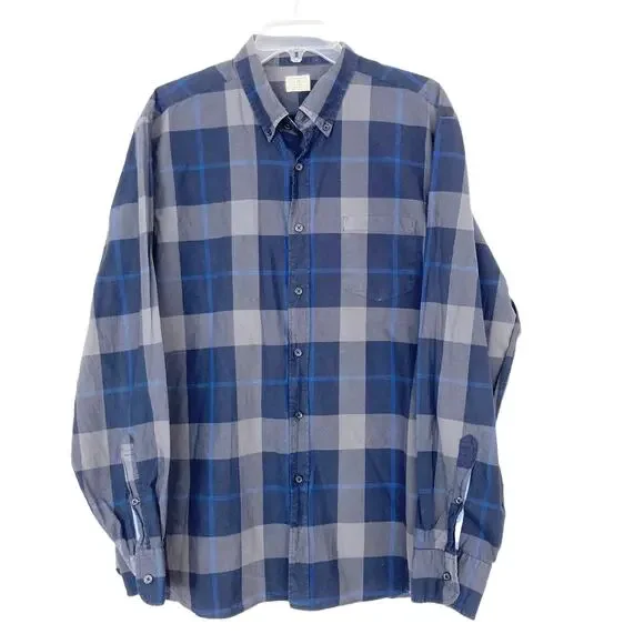 J. Crew Gray Blue Plaid Long Sleeve Button Down Sz L