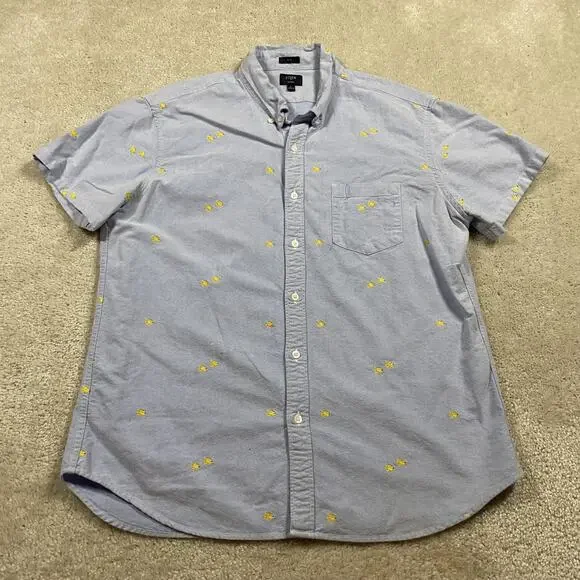 J Crew Shirt Mens XL Blue Oxford Short Sleeve Gold Fish Embroidered Slim Fit