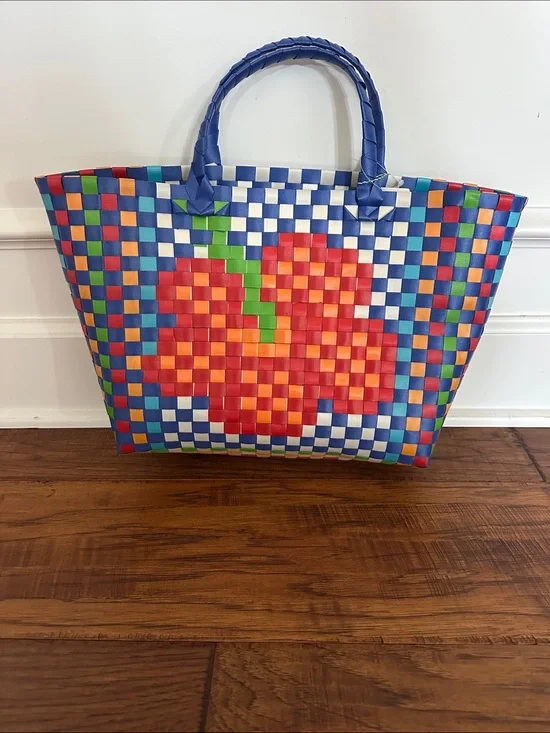 NWT FARM Rio Blue Checkered Woven Tote with Red Floral Motif