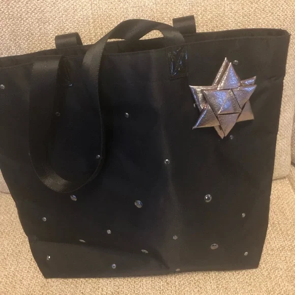 Bath Body Works Black Polyester Tote Purse with Silver Bow and Sparkles