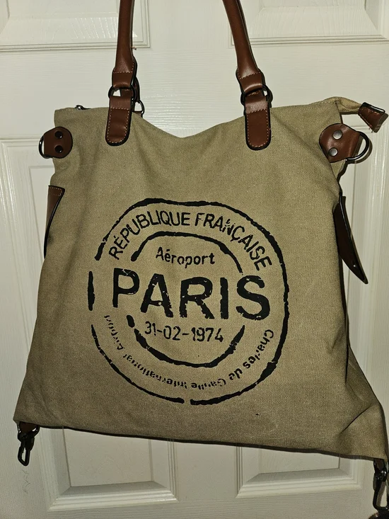 Canvas Paris Stamp Tote Bag with Brown Leather Handles