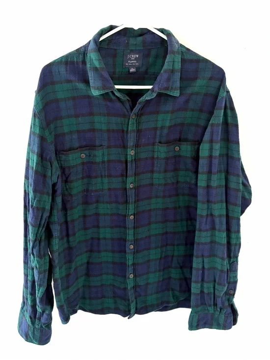 J. Crew Blue and Green Plaid Flannel Button-Up, Size: XL