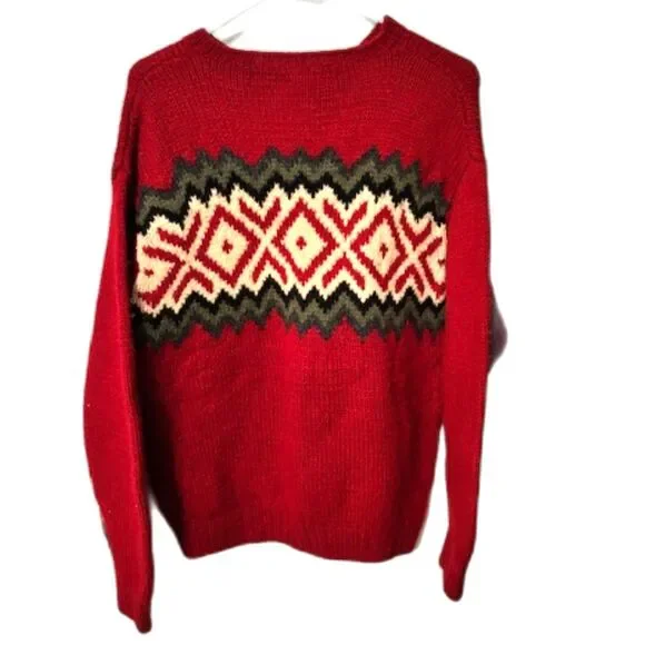 J.Crew Fair Isle Wool Sweater Men’s Medium Red Nordic Crewneck Cozy Cabin