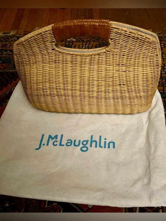 J. McLaughlin Natural Straw Tote with Brown Leather-Wrapped Handle
