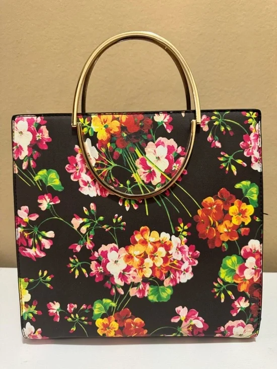 Black Floral Top-Handle Tote with Gold Ring Handles NEW