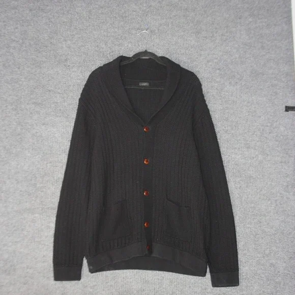J Crew Cardigan Sweater Mens XL Black Shawl Collar‎ Ribbed Knit Button Front