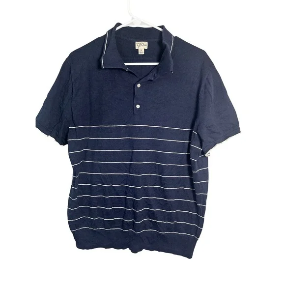 J.Crew‎ Mens Navy Blue Striped Short Sleeve Cotton Knit Sweater Polo Shirt L