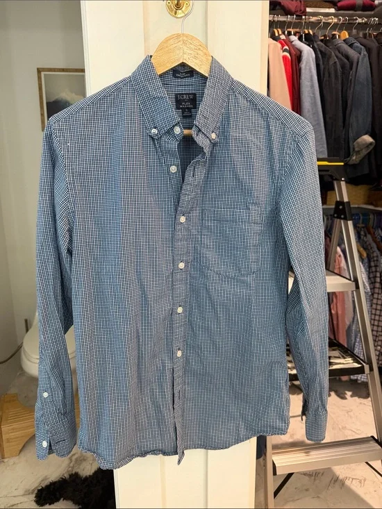 J. Crew Blue and White Gingham Button-Down Shirt