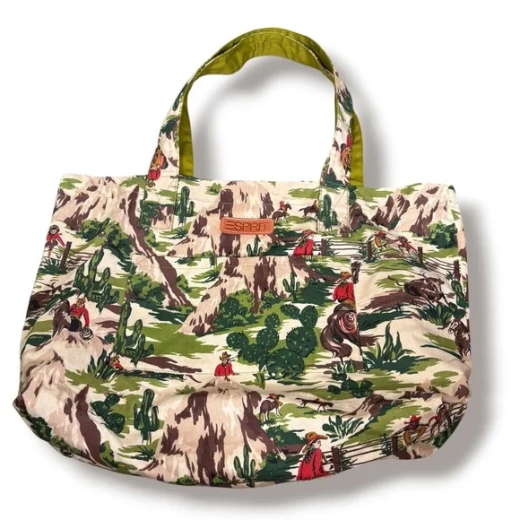 Vintage 80s Esprit Cowboy Rodeo Cactus Canvas Tote Shoulder Bag Western Boho