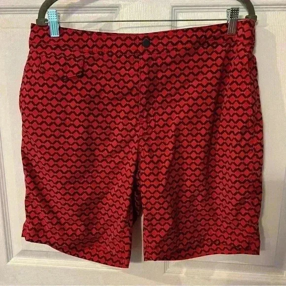 J Crew Men’s Swim Trunks Shorts Suit Geometric Patterned in Red and Navy Size 35