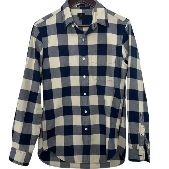 J.Crew Oxford Shirt Mens S Slim Fit Blue Tan Buffalo Plaid Cotton Button Up
