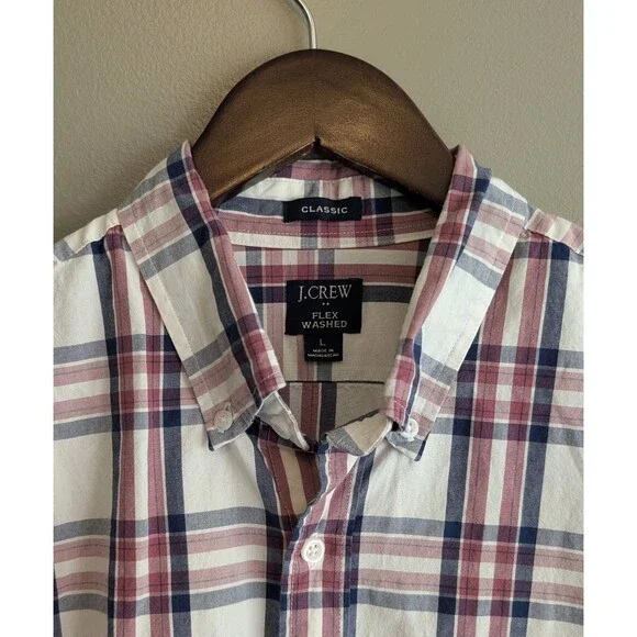 J. Crew Mens Large Flex Washed Stretch Plaid Long Sleeve Button Down Shirt Red