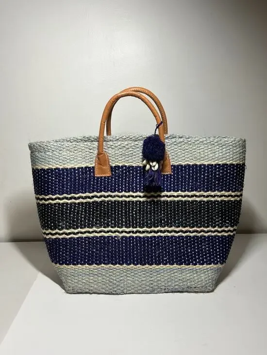 Hatattack Blue Striped Woven Straw Beach Leather Handle Tote Bag Purse Shopper