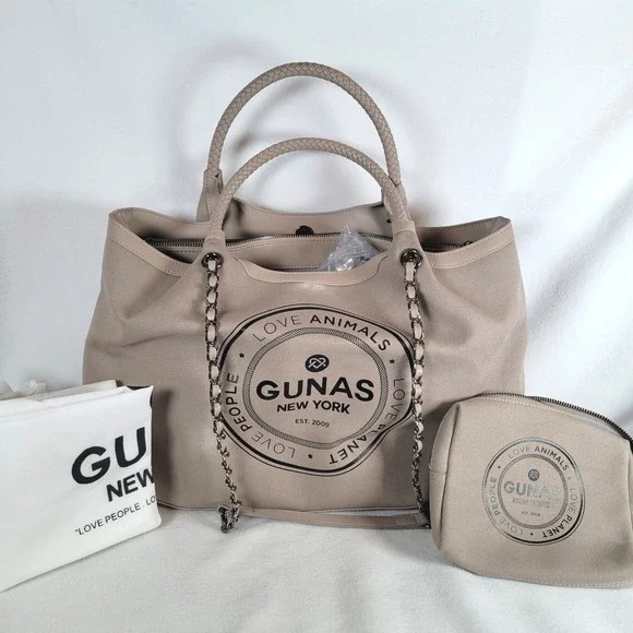 Gunas New York Womens Ruth Canvas Double Handle Large Tote Bag Pouch Stone Beige
