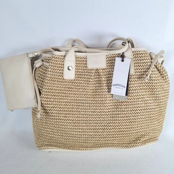 American Leather Co Womens Briar Triple Tote Bag Raffia Leather Large Clay Beige