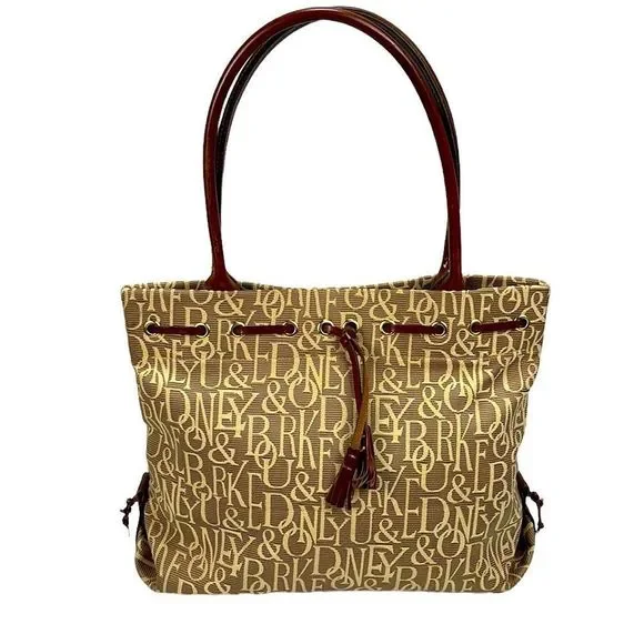 Dooney & Bourke Vintage Signature Tassel Tote Tan / Cream Canvas Leather…