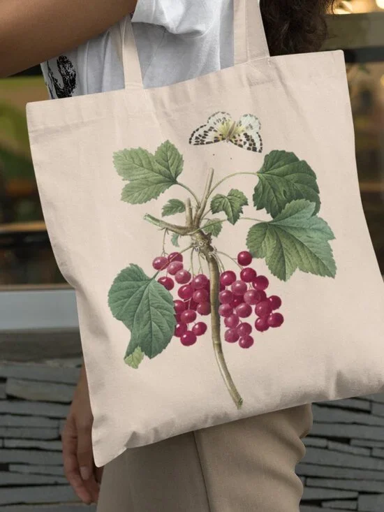 Red Currant Vintage Botanical Print Graphic Canvas Tote Bag