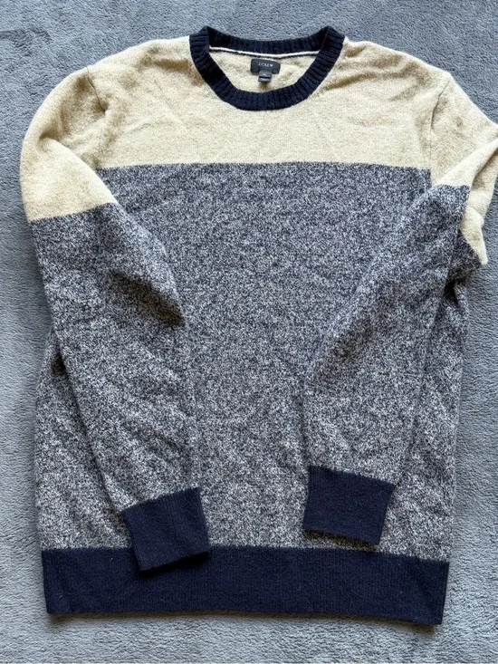 J. Crew Men's Navy and Cream Colorblock Crewneck Sweater