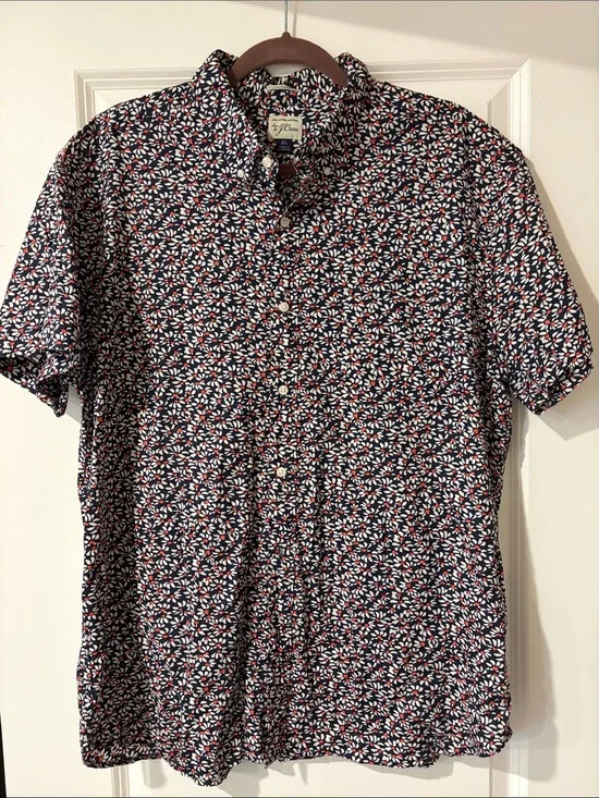 JCrew Men’s Navy 100% Cotton Button-Down Shirt with Red & White Floral Print