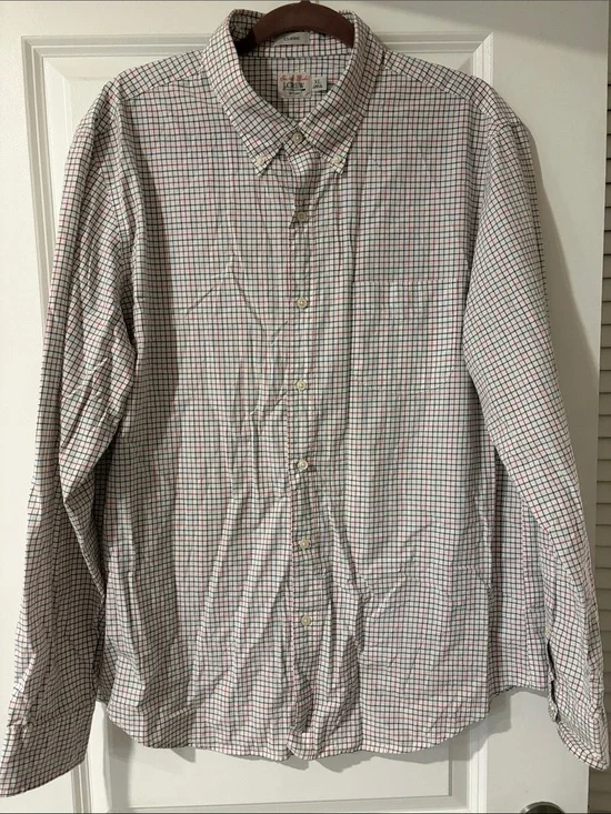 JCrew Men's 100% White Button-Down Shirt with Red and Blue Check