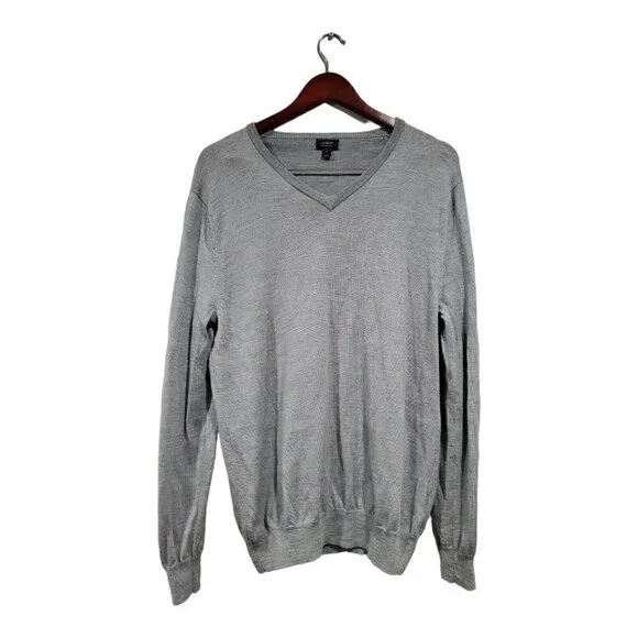 J Crew Men’s 100% Merino Wool V-Neck Gray Sweater Long-Sleeved Knit Size Medium