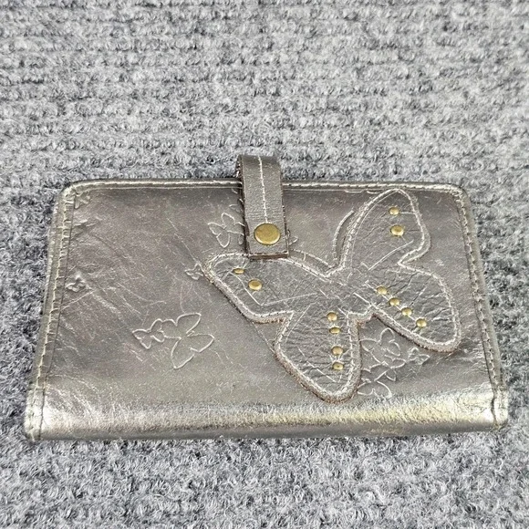 Fossil Wallet Womens One Size Silver Leather Butterfly Snap Studded Zip Pocket
