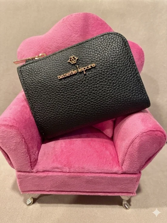 Nanette Lepore Christie Black Pebbled Vegan Leather Zip Card Wallet