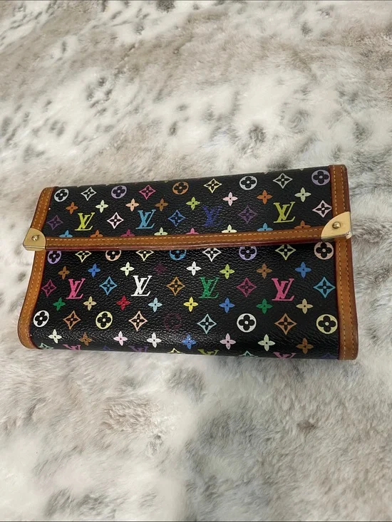 Louis Vuitton Black Multicolor Monogram Canvas Wallet with Brown Trim