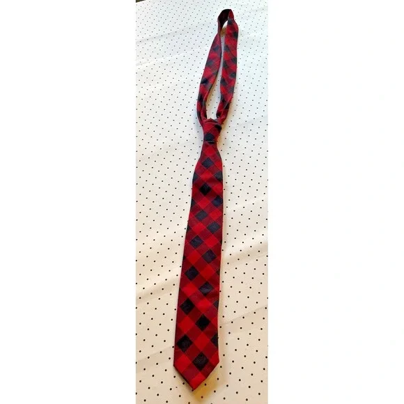 J‎ Crew Handmade USA Buffalo Plaid Tie Red Black Cotton Skinny Necktie