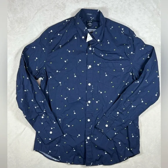 NWT Large J. Crew Classic Navy Shirt with Martini Glass All Over Print
