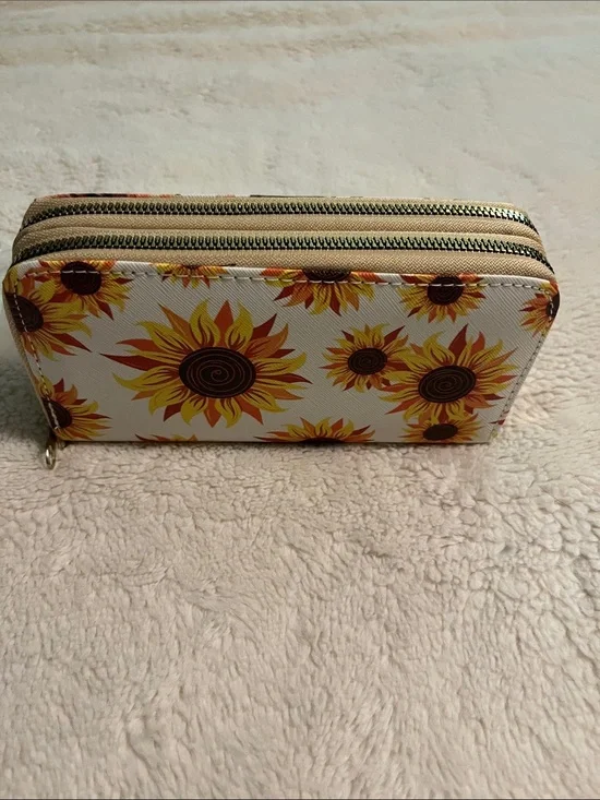 Sunflower Print Double-Zip Wallet - White & Yellow