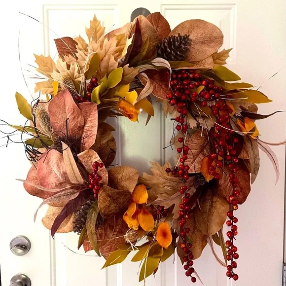 New Hand Crafted Autumn Fall Wreath Real Touch Foliage Brown Tan Orange Red  26”