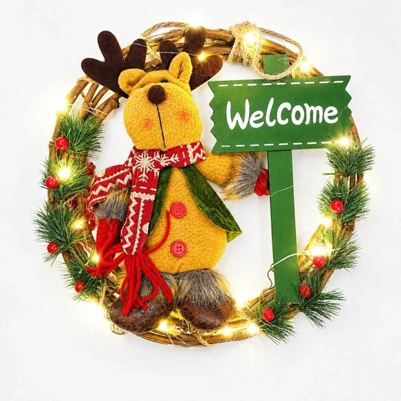 Rustic Grapevine Christmas Wreath Plush Reindeer Welcome LED Lighted Door Decor
