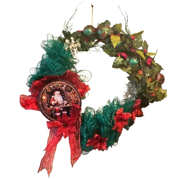 Hand Crafted GreenHandmade Holiday Wreath Santa's Wall Door decor String Lights