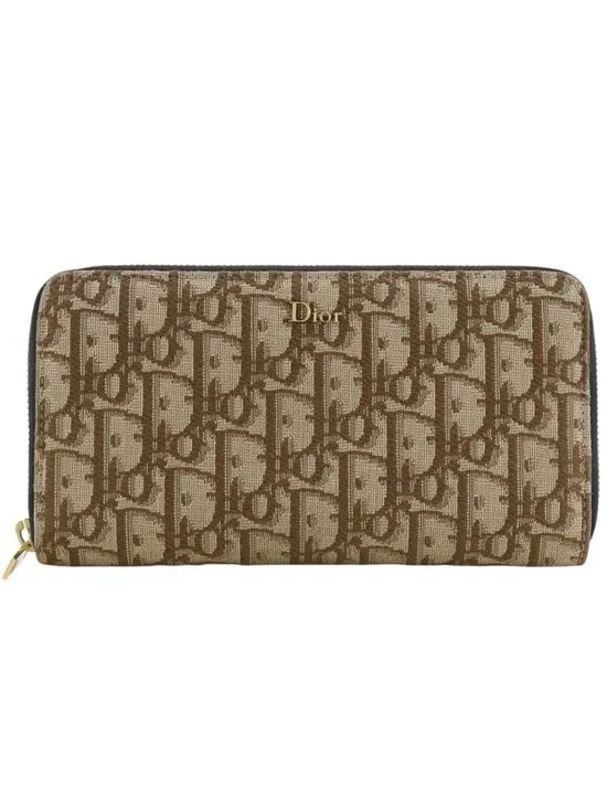 Dior Zip Around Oblique Canvas Brown Wallet