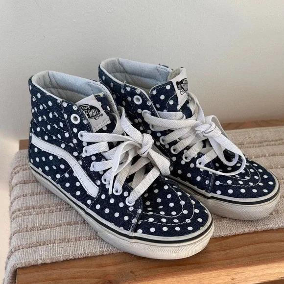Vans Kids' denim navy and White Polka Dot Sneakers size 1 kids youth high top