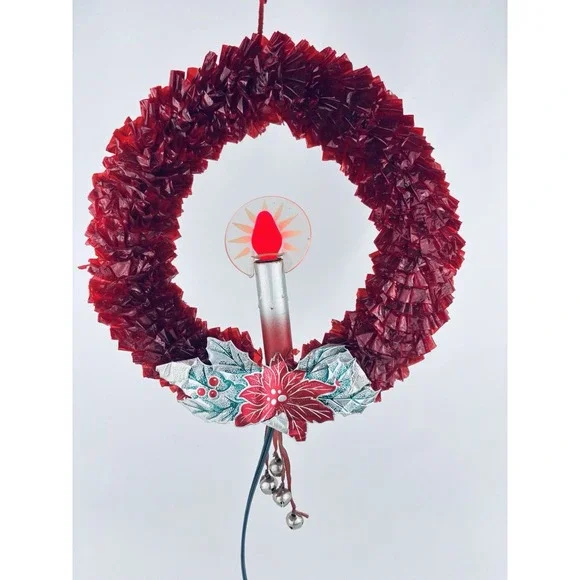 Vintage Glolite Electric Red Cellophane Christmas Wreath Light Up - Works!