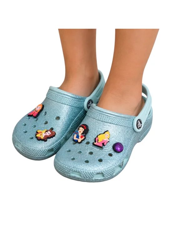 Blue Turquoise Sparkle Glitter Crocs with Added Disney Princess Jibbitz Charms G