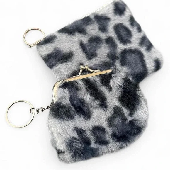NWOT Fuzzy Animal Print Keychains with Gray Base & Silver Hardware