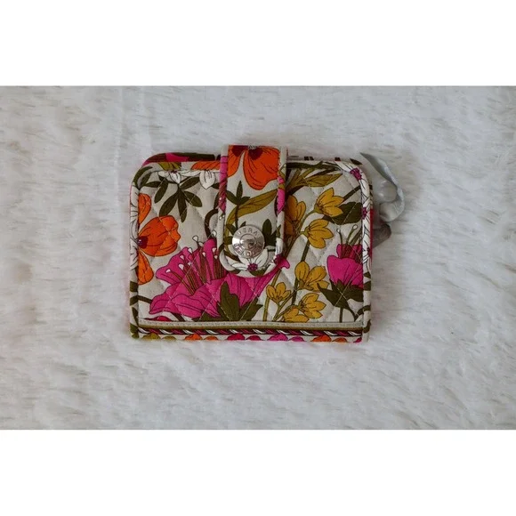 Vera Bradley Tea Garden Floral Bifold Wallet Pink Orange Yellow Snap Closure