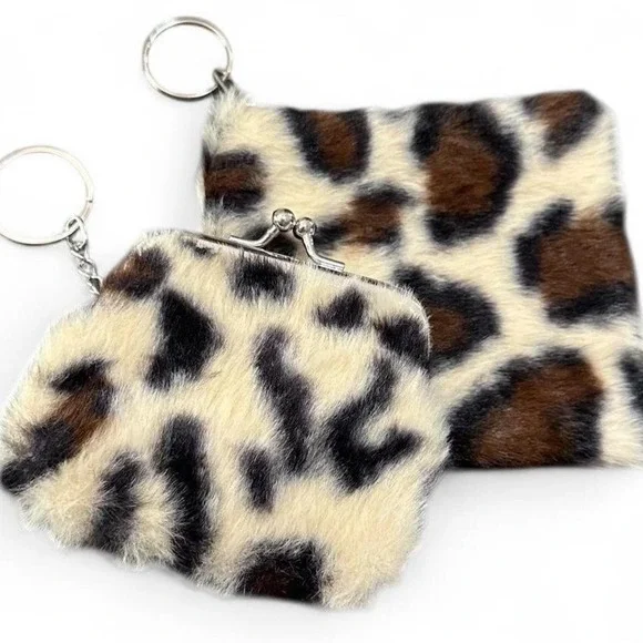 NWOT Fuzzy Animal Print Keychains with Cream Base & Silver Hardware