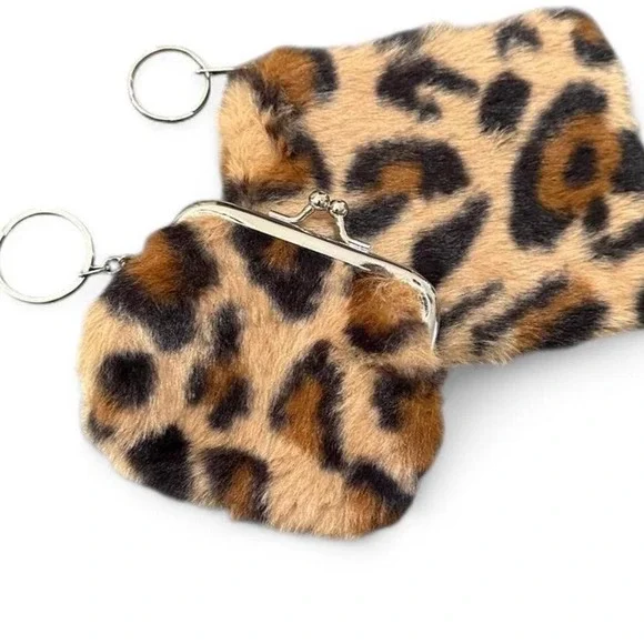 NWOT Fuzzy Animal Print Keychains with Tan Base & Silver Hardware