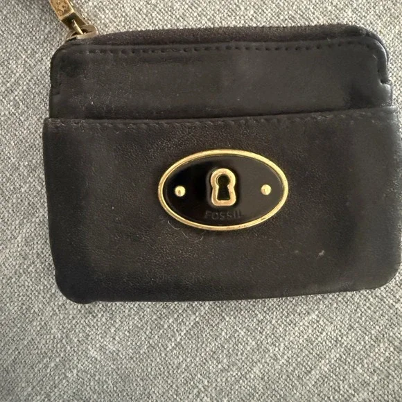 Fossil‎ Black Leather Keyhole Coin Purse ID Card Holder Wallet Brass Hardware