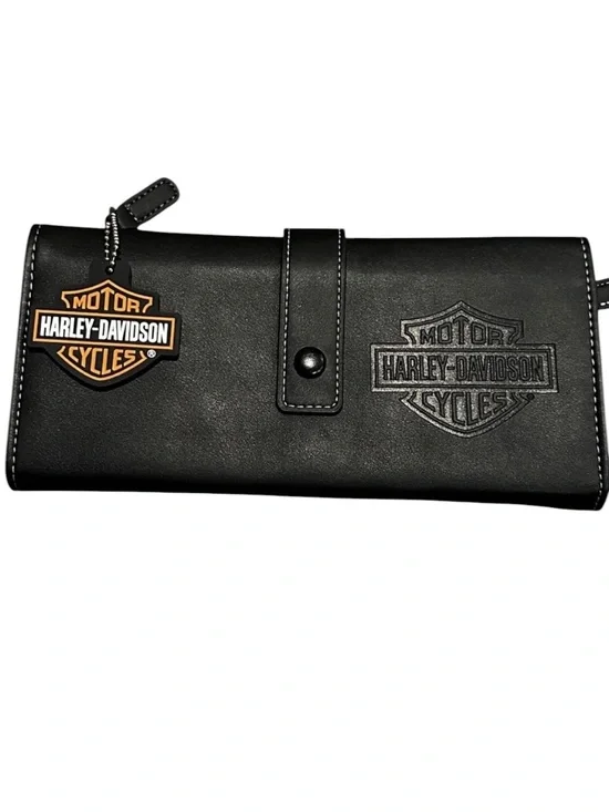 Harley-Davidson Black Oversized Trifold Organizer Zip Wallet Silver Eagle