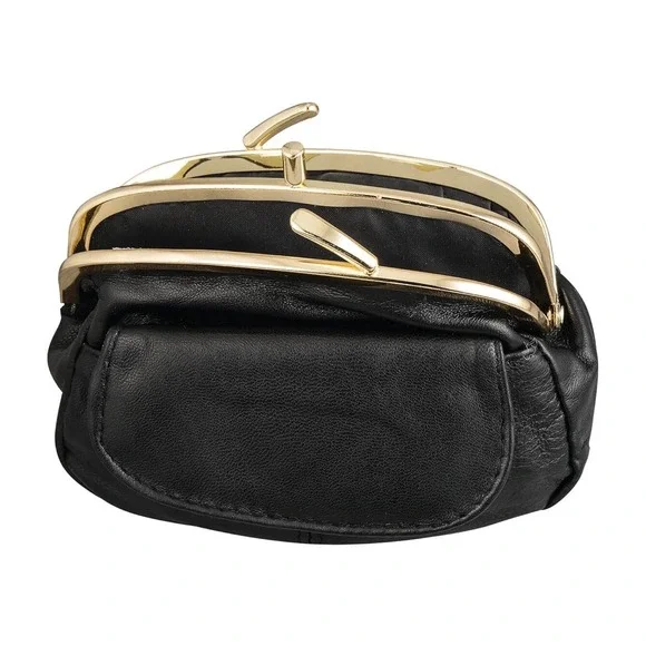 Classic Black Sheep Leather Dual Clasp Large Coin Purse Gold Hardware USN-6573