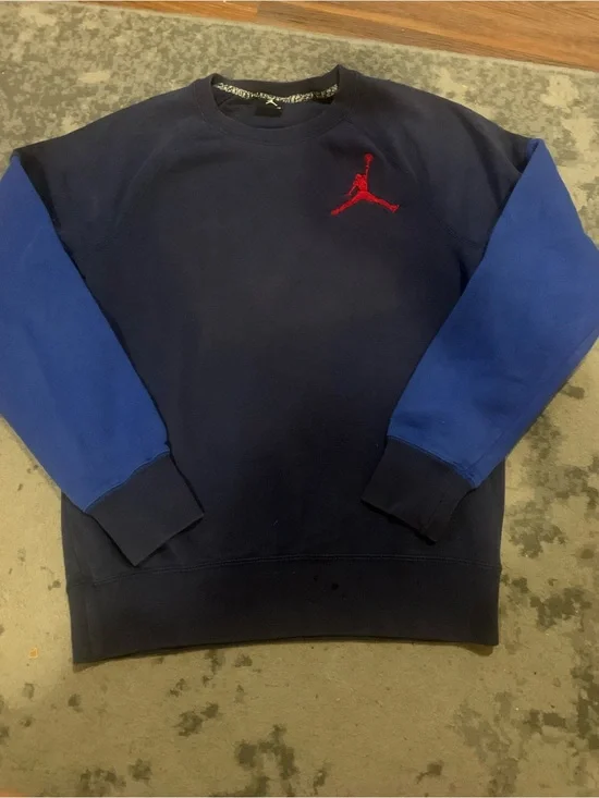 Jordan Men’s Navy Crewneck Sweatshirt with Royal Blue Sleeves and Red Jumpman