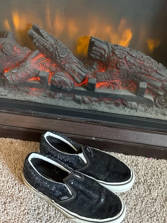 Vans Black Sequin Slip-On Sneakers with White Soles