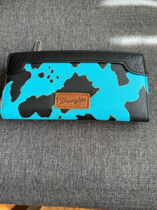 Wrangler Turquoise and Black Cowhide Print Zip Wallet
